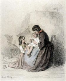 Interior with Woman Teaching Child to Pray, 1819-1886. Creator: Pierre Edouard Frere