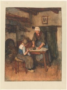 Interior with woman ironing and a child sewing, 1854-1914. Creator: Albert Neuhuys