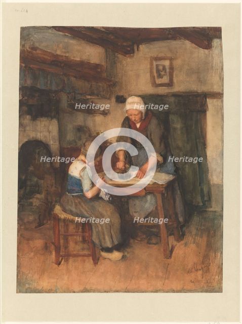 Interior with woman ironing and a child sewing, 1854-1914. Creator: Albert Neuhuys.