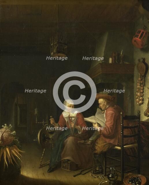 Interior with a man reading and a woman spinning yarn, 1660-1676. Creator: Domenicus van Tol.