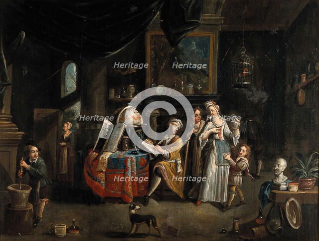 Interior with a medical practitioner, a woman holding a flask, and five other people. Creator: Balthasar van den Bossche.
