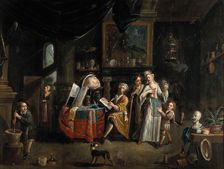 Interior with a medical practitioner, a woman holding a flask, and five other people. Creator: Balthasar van den Bossche
