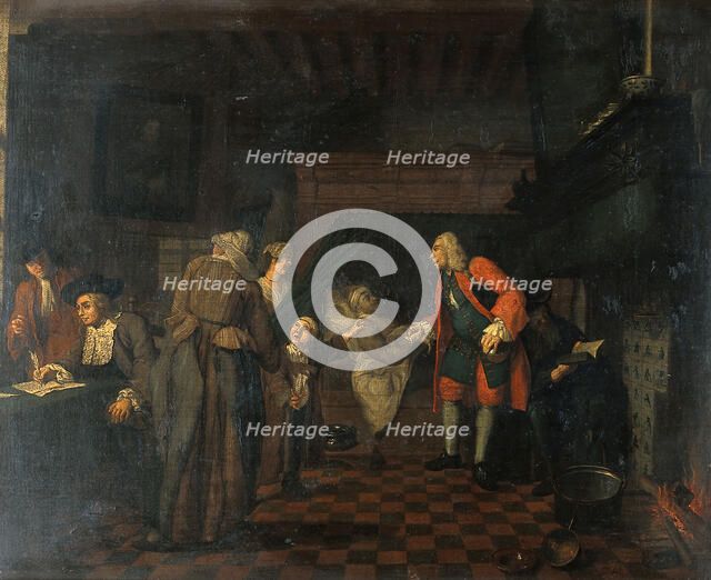 Interior with a medical practitioner attending to a sick man in the presence of other figures, 1751. Creator: Jan Josef Horemans I.