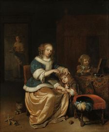 Interior with a Mother Combing her Child's Hair, Known as Maternal Care 1669. Creator: Gaspar Netscher
