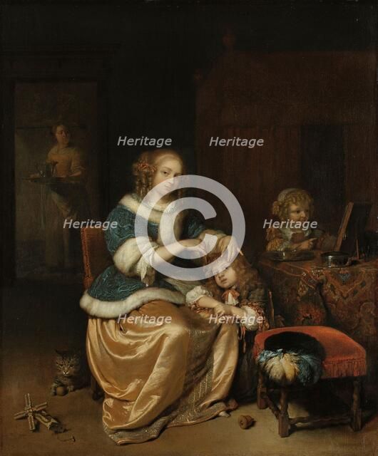 Interior with a Mother Combing her Child's Hair, Known as 'Maternal Care', 1669. Creator: Gaspar Netscher.