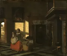 Interior with a Mother close to a Cradle, ca 1665