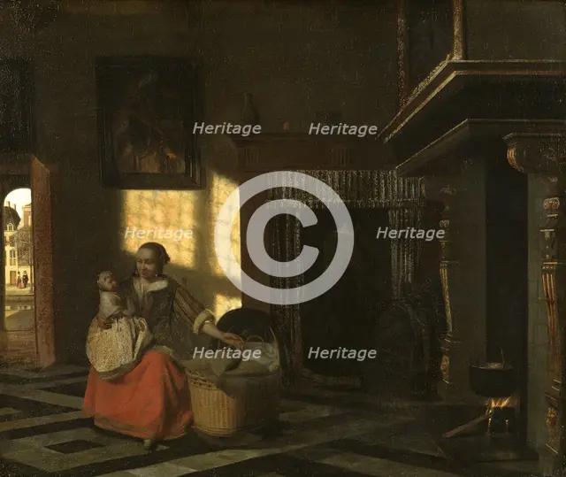 Interior with a Mother close to a Crib, from c.1665 until 1665. Creator: Pieter de Hooch.