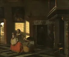 Interior with a Mother close to a Crib, from c.1665 until 1665. Creator: Pieter de Hooch
