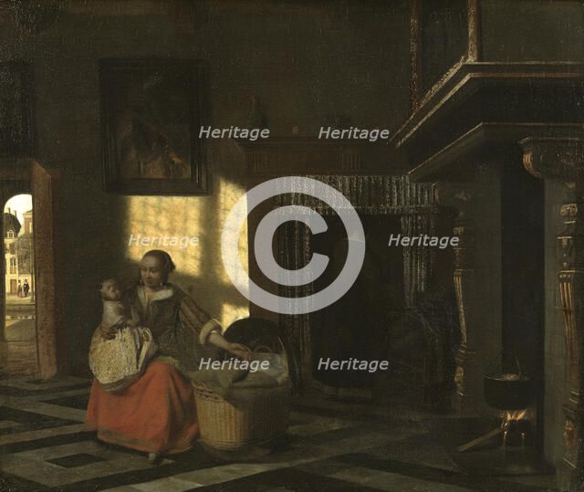 Interior with a Mother close to a Crib, from c.1665 until 1665. Creator: Pieter de Hooch.