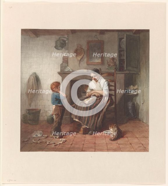 Interior with a boy and his kite, and a woman, 1869. Creator: Frederik William Zurcher.