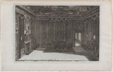 Interior with a Canopy Bed and a Row of Chairs Lining the Walls, from No..., published 1703 or 1712. Creator: Daniel Marot
