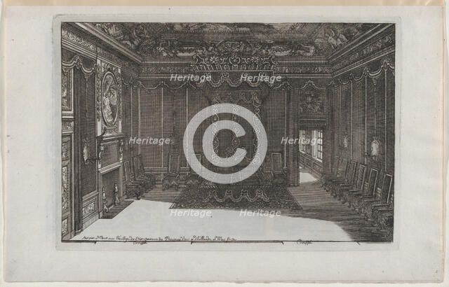 Interior with a Canopy Bed and a Row of Chairs Lining the Walls, from No..., published 1703 or 1712. Creator: Daniel Marot.