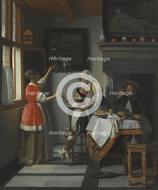 Interior with a Child Feeding a Parrot.