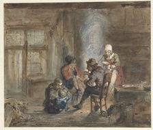 Interior with a family around a fireplace, 1849-1892. Creator: Matthijs Maris