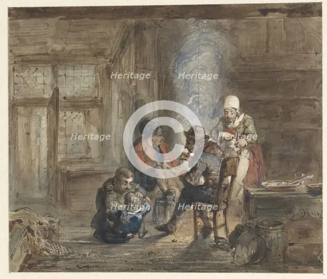 Interior with a family around a fireplace, 1849-1892. Creator: Matthijs Maris.