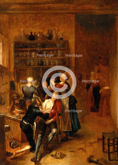 Interior with a surgeon attending to a chest wound, c1670s. Creator: Gerrit Lundens.