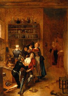 Interior with a surgeon attending to a chest wound, c1670s. Creator: Gerrit Lundens