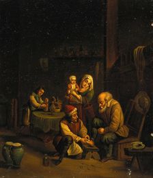Interior with a surgeon attending to a man's foot, and three other figures, c1680s. Creators: Unknown, Follower of David Teniers II