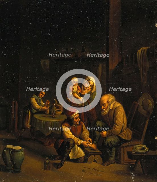 Interior with a surgeon attending to a man's foot, and three other figures, c1680s. Creators: Unknown, Follower of David Teniers II.