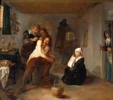 Interior with a surgeon operating on a man's back, c1670s. Creator: Gerrit Lundens