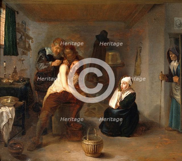 Interior with a surgeon operating on a man's back, c1670s. Creator: Gerrit Lundens.