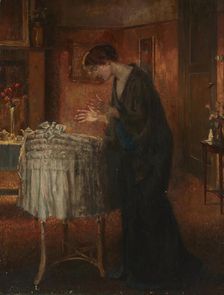 Interior with a woman by a cradle, c 1870. Creator: Stevens, Alfred (1823-1906)