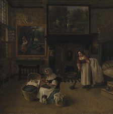 Interior with a Woman Embroidering and Rocking a Child in a Cradle, 1671. Creator: Jan Siberechts