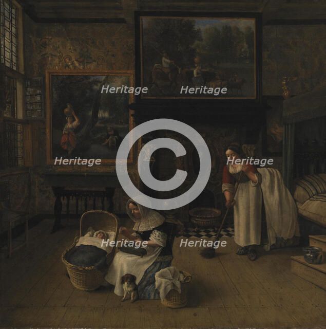 Interior with a Woman Embroidering and Rocking a Child in a Cradle, 1671. Creator: Jan Siberechts.