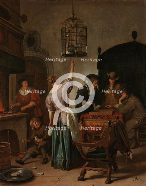 Interior with a Woman Feeding a Parrot, Known as ‘The Parrot Cage’, c.1660-c.1670. Creator: Jan Steen.