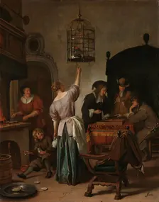 Interior with a Woman Feeding a Parrot, Known as The Parrot Cage c.1660-c.1670. Creator: Jan Steen
