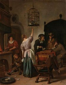 Interior with a Woman Feeding a Parrot, Known as The Parrot Cage c.1660-c.1670. Creator: Jan Steen