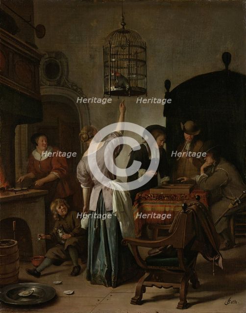 Interior With A Woman Feeding A Parrot Two Men Playing Backgammon And Other Figures (The Parrot Cage), 1670. Artist: Steen, Jan Havicksz (1626-1679)