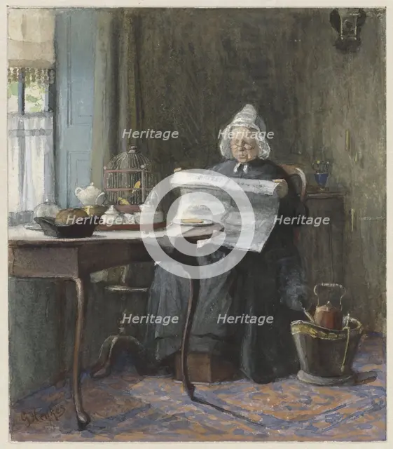 Interior with a woman reading the newspaper, 1854-1892. Creator: Gerke Henkes.