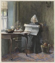 Interior with a woman reading the newspaper, 1854-1892. Creator: Gerke Henkes