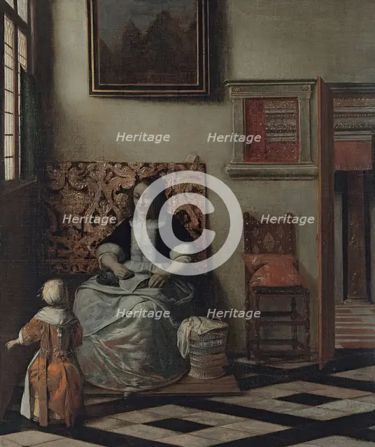 Interior with a Woman sewing and a Child, 1662. Creator: Pieter de Hooch.