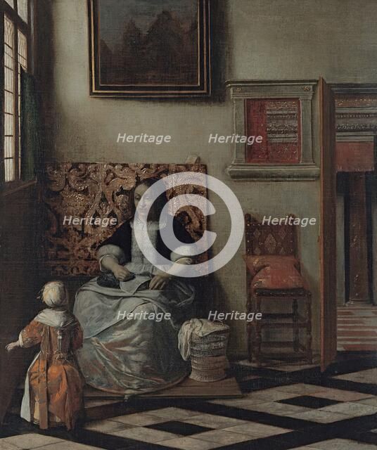 Interior with a Woman sewing and a Child, 1662. Creator: Pieter de Hooch.