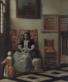 Interior with a Woman sewing and a Child, 1662. Creator: Pieter de Hooch