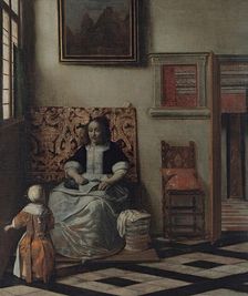 Interior with a Woman sewing and a Child, 1662. Creator: Pieter de Hooch