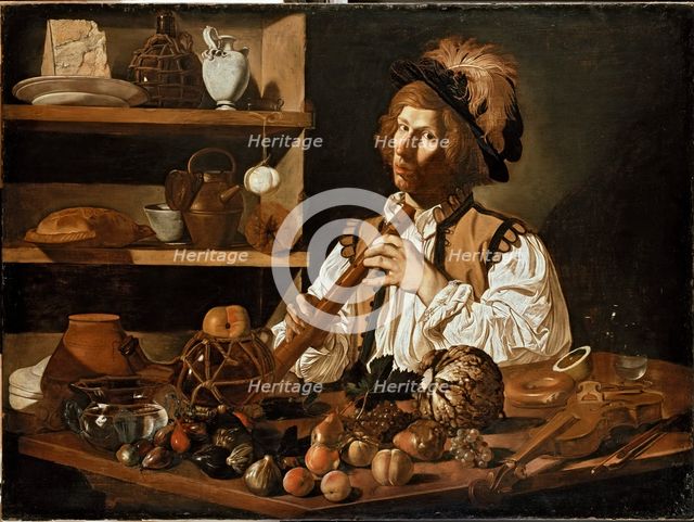 Interior with a young Man holding a Recorder, c1610- 1621. Artist: Cecco del Caravaggio.