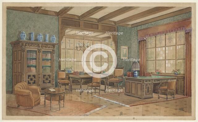 Interior with bookcase in Renaissance style, c.1925. Creator: Monogrammist HK.
