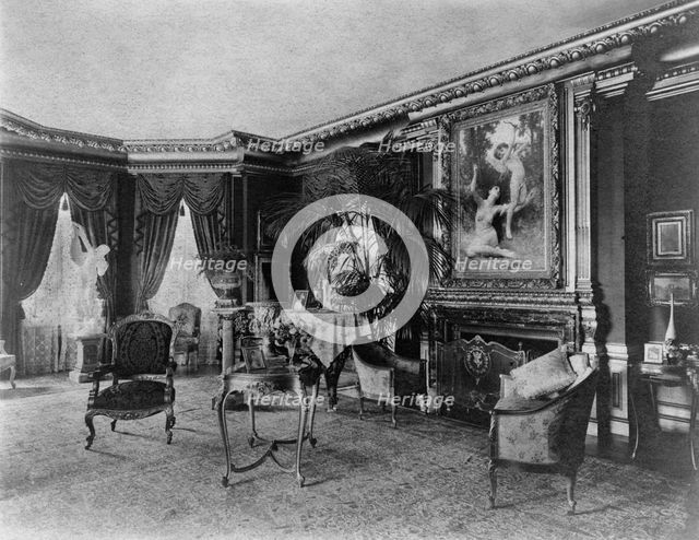 Interior with Bouguereau's "Flight of Love" over fireplace..., Greenwich, Connecticut, 1908. Creator: Frances Benjamin Johnston.