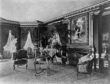 Interior with Bouguereau's "Flight of Love" over fireplace..., Greenwich, Connecticut, 1908. Creator: Frances Benjamin Johnston