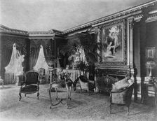 Interior with Bouguereau's "Flight of Love" over fireplace..., Greenwich, Connecticut, 1908. Creator: Frances Benjamin Johnston