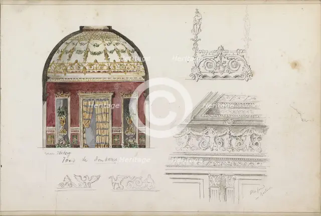 Interior with cupola, a coffered ceiling in Berlin and decorations for a cornice, 1862-1867. Creator: Isaac Gosschalk.
