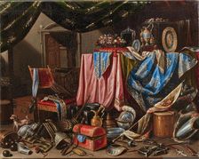 Interior with drapes, flowers, vases, armour, weapons, flags and a small dog. Creator: Manieri, Carlo (active 1662-1700)