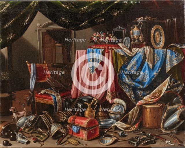 Interior with drapes, flowers, vases, armour, weapons, flags and a small dog. Creator: Manieri, Carlo (active 1662-1700).