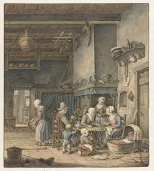 Interior with farming family around the table, 1758-1808. Creator: Christina Chalon