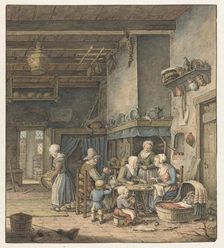 Interior with farming family around the table, 1758-1808. Creator: Christina Chalon