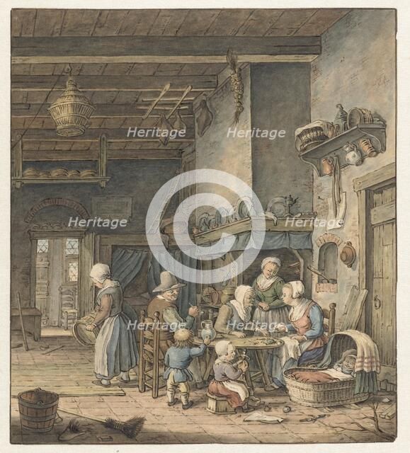 Interior with farming family around the table, 1758-1808. Creator: Christina Chalon.