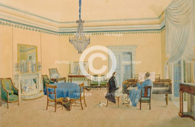 Interior with figures. The Music Room, 1830-1839. Artist: Anonymous  